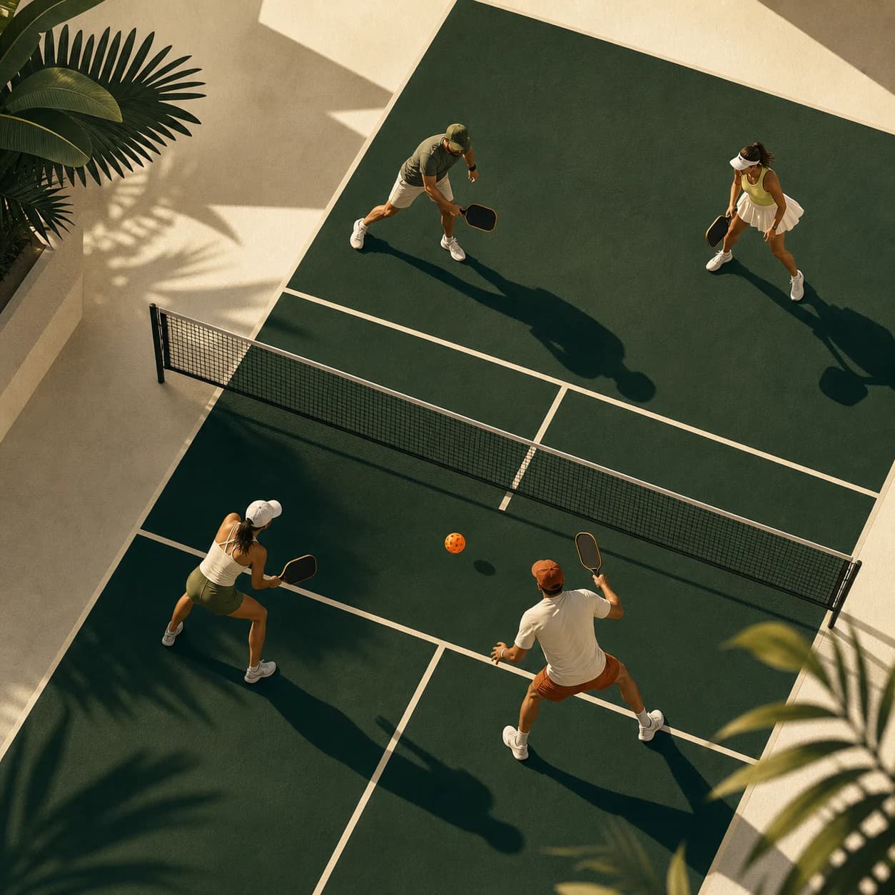 Four recreational pickleball players competing in a doubles rally on a green court